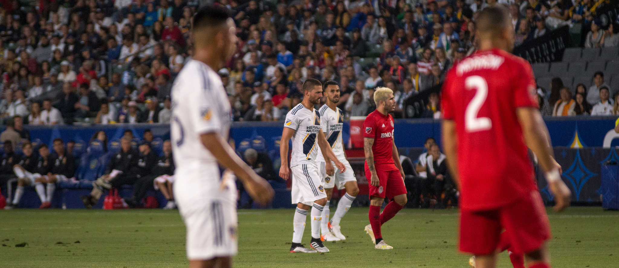 Efrain Alvarez, Perry Kitchen, and Giancarlo Gonzalez all play for the LA Galaxy against Toronto FC on July 4, 2019 -- Photo by Brittany Campbell