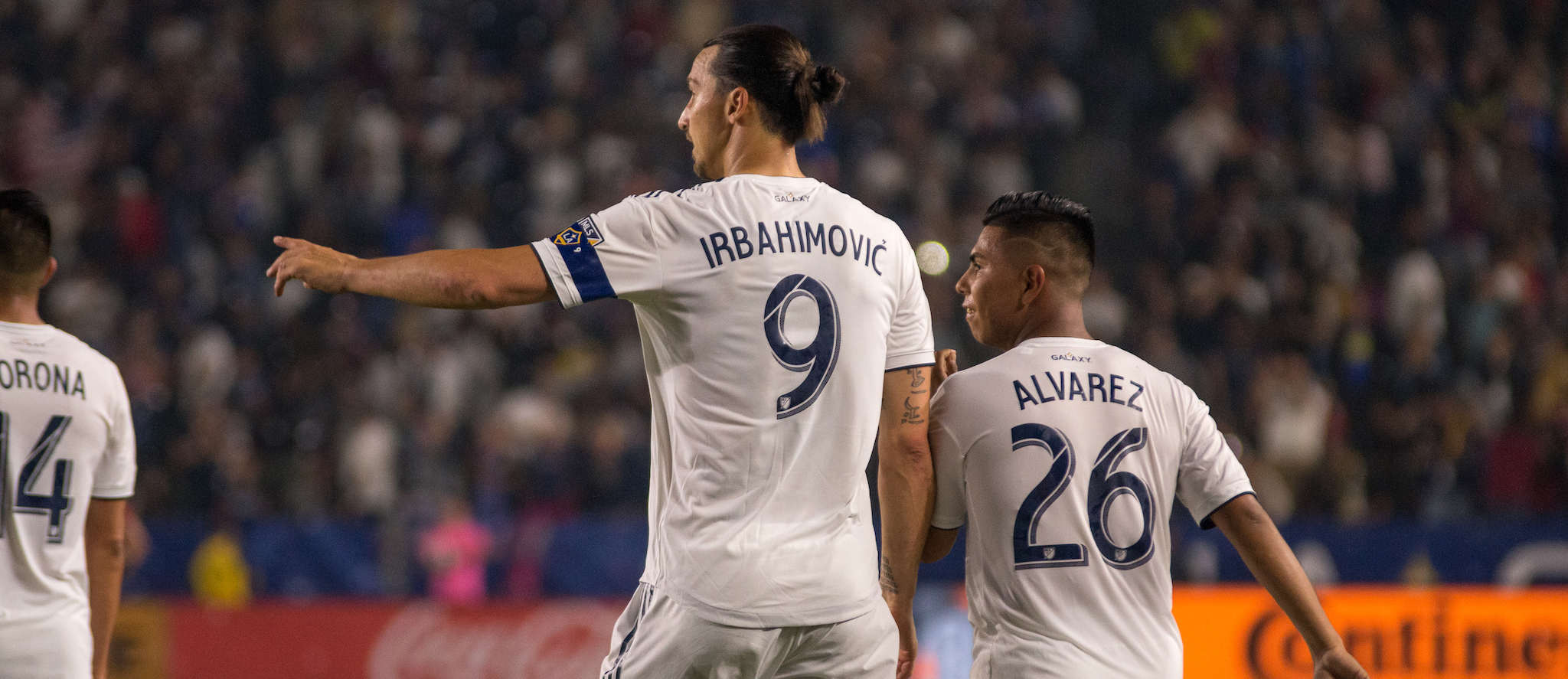 Zlatan Ibrahimovic and Efrain Alvarez after the Galaxy scored against Toronto FC on July 4, 2019
