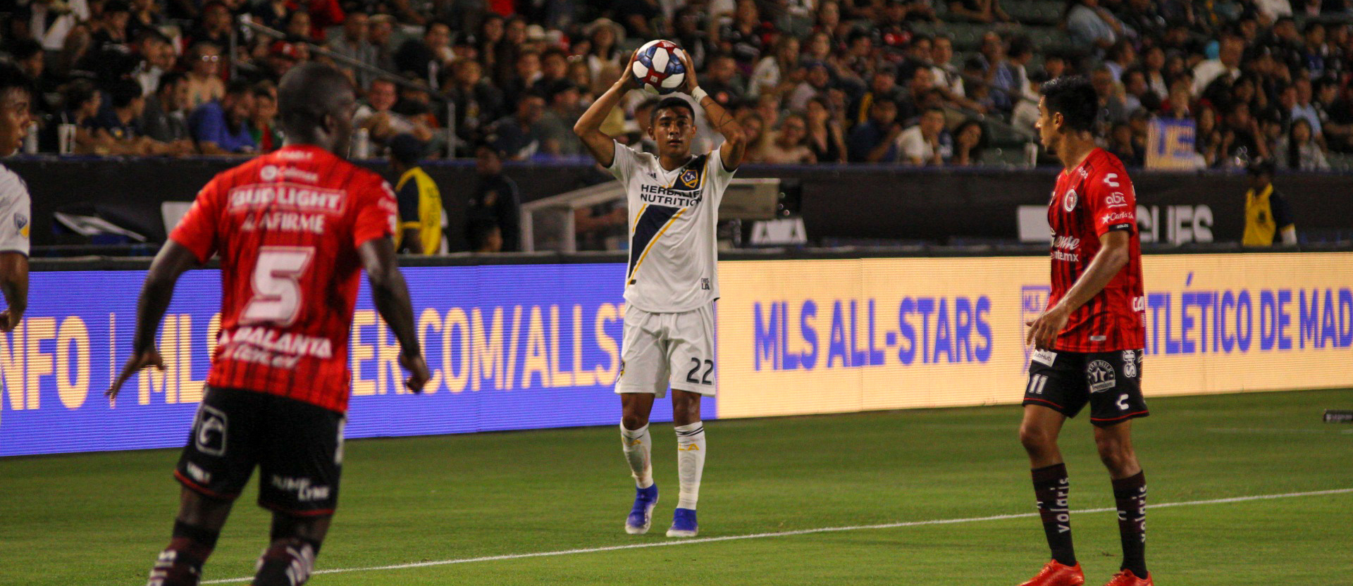 Julian Araujo takes a throw in playing for the LA Galaxy on 7.23.19 - Photo by Brittany Campbell