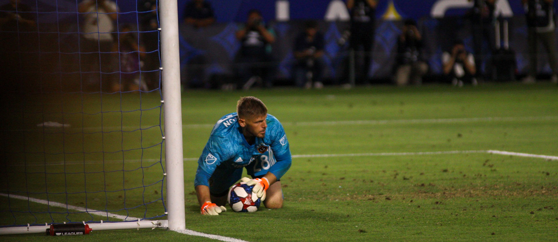 Matt Lampson makes a save for the LA Galaxy in a game on July 23, 2019 - Photo by Brittany Campbell