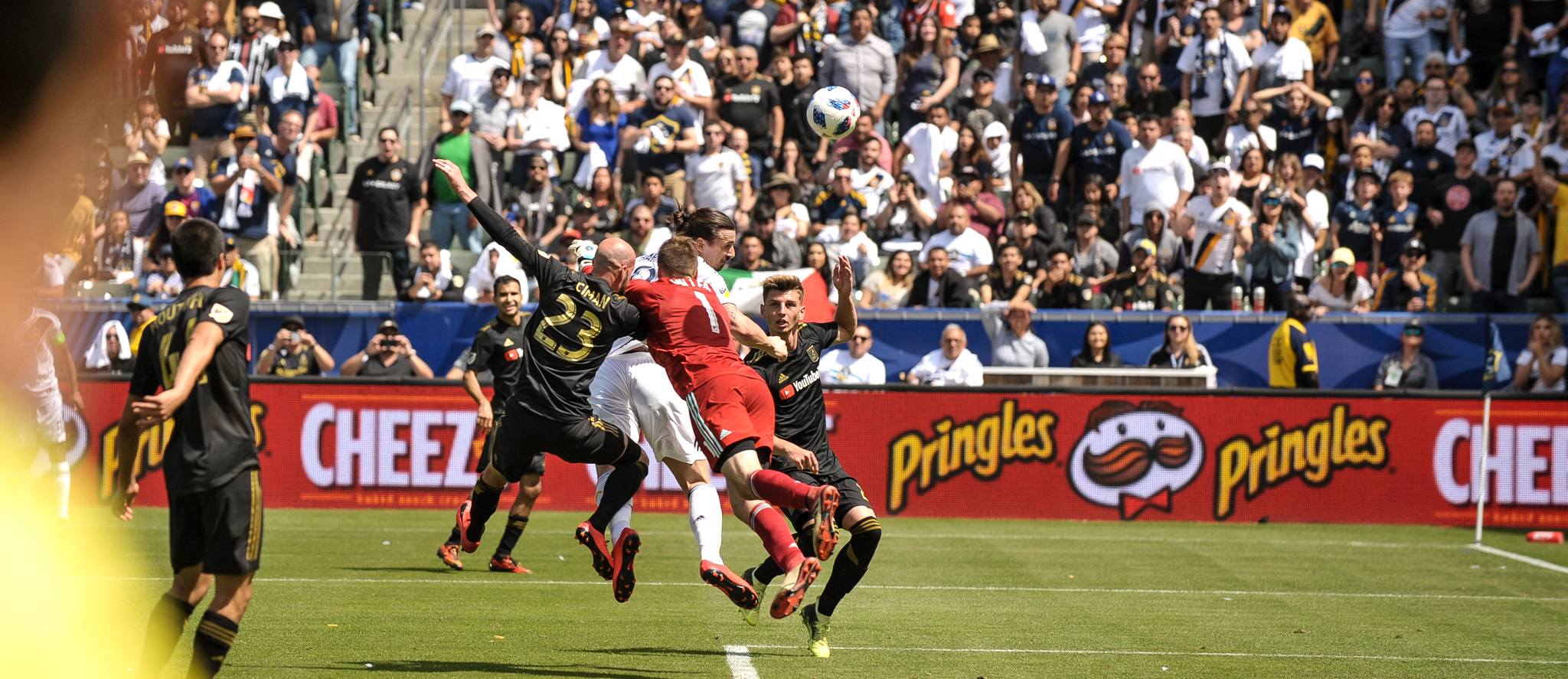 Zlatan Ibrahimovic scores for the LA Galaxy against LAFC on March 31, 2018 - Photo by Steve Carrillo